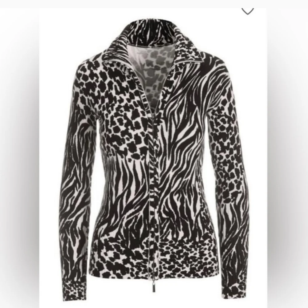 BOSTON PROPER ZIP FRONT ZEBRA BLOCK PRINT SWEATER SIZE 0 BLACK & BONE  ☆ - Picture 6 of 13